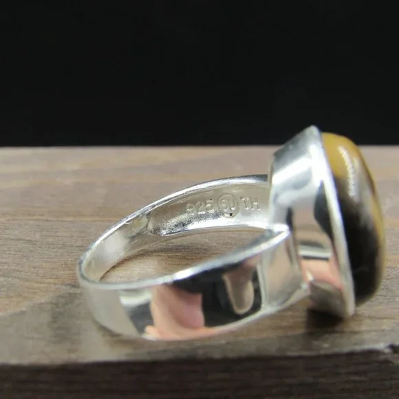 Size 7 Sterling Silver Round Tiger's Eye Stone Band Ring Vintage - Picture 5 of 8